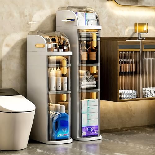 3-Tiers & 4-Tiers Narrow Bathroom Floor Storage Cabinet, Slim Bathroom Cabinet with Tissue Box and Wheels, Plastic Waterproof Movable Bathroom Storage Organizer for Small Spaces, Laundry, Toilet Gap