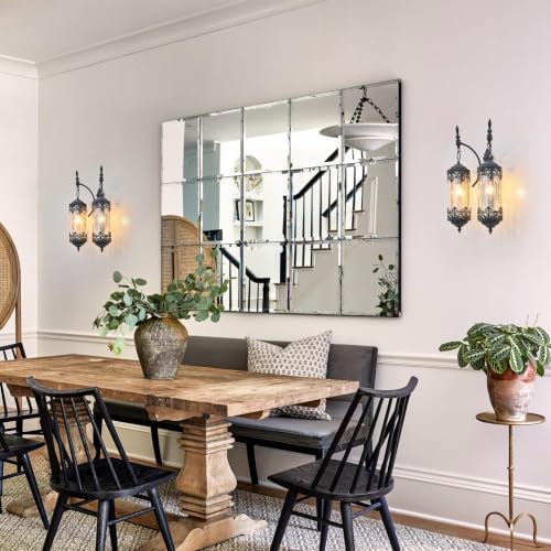 Image of Antique Gothic 2-Light Amber Glass Wall Sconce for Bedroom | Rustic Farmhouse Black Wall Light Fixture, Vintage Decorative Metal Wall Lamp for Hallway, Living Room, Entryway, Mirror