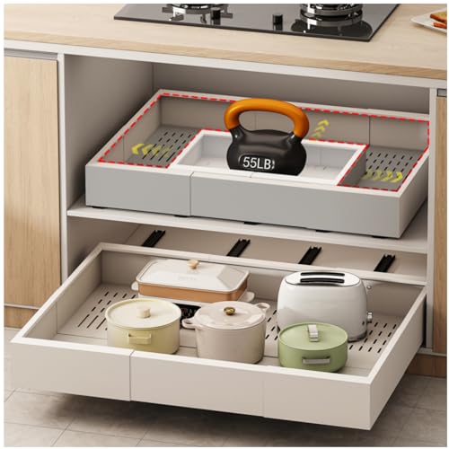 Pull out Cabinet Organizer,Width (23'-31') and Depth (17'-24') Expandable With 5 Rails,No Drill Adjustable Slide out Drawers for Kitchen,Pantry,Adhesive Roll out Shelves,for Cabinets Without Lip,White