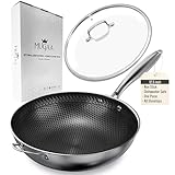 MUGAA 12.5" Nonstick Stainless Steel Wok Pan with Lid | Tri-Ply Honeycomb Hybrid Stir-Fry Pan | Nonstick Woks & Stir-Fry Pans | PFOA-Free, Induction, Dishwasher & Oven Safe
