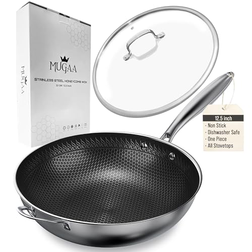 MUGAA Nonstick Stainless Steel Wok Pan with Lid Flat Bottom | 12.5
