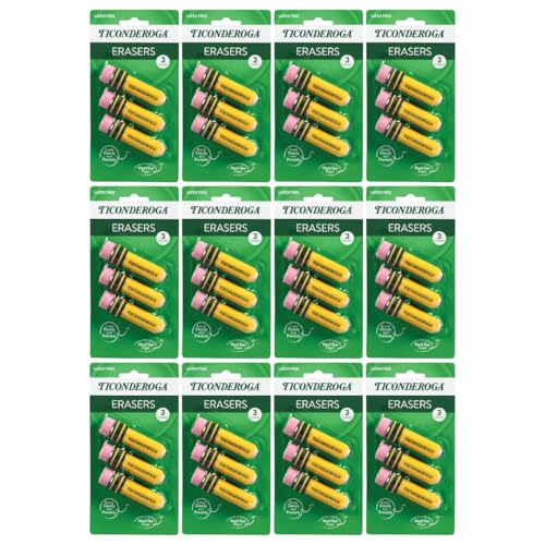 Image of Ticonderoga Pencil Shaped Erasers, 3 Erasers /Pack, 12 Packs | Yellow, 0.75 inch x 2.875 inch, #38953