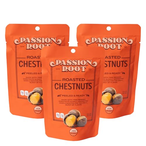 Passion Root Organic Whole Roasted Chestnuts, 3.5oz (3 Pack) - Chestnuts Peeled and Ready to Eat, Baking, Cooking, Healthy Snacking - Gluten Free, Kosher, Keto - Original Flavor (Original)
