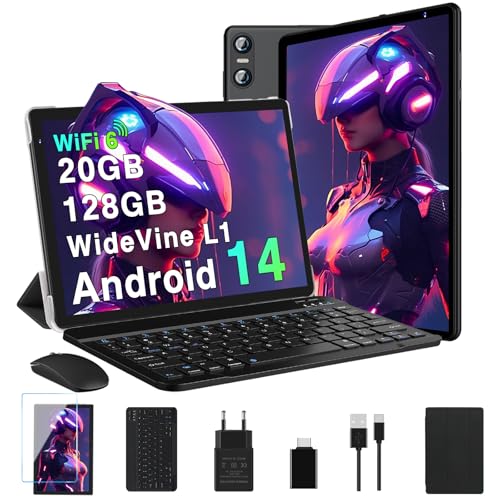 Biegedy Tablet 10 Zoll Android 14 Octa-Core, 2025 Newest Tablet PC 20 GB RAM+128 GB ROM (TF1 TB),5G WLAN 6丨Widevine L1丨GMS丨6000mAh丨5+8MP丨Bluetooth5.0丨1280 * 800丨Tablet mit Tastatur Maus Schwarz