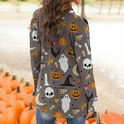 FASHGL Halloween Cardigan for Women Pumpkin Face Print Tunic Shirt Spooky Season Lightweight Long Sleeve Cardigans3