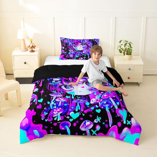 Image of Erosebridal Japanese Girl Bedding Twin,Cartoon Girly Comforter Set 3D Anime Gifts Bed Sets Colorful Graffiti Print Duvet Insert 2 Pieces