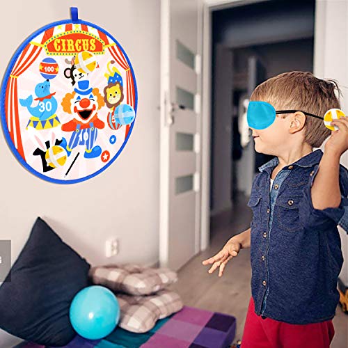 Circus Dart Board for Kids with 6 Sticky Balls and 4 Sticky Dart Double-Sided(13.9 inches),Blindfold Indoor Game ,Carnival Dart Board Set with Hook for Boys Girls Children and Family Time