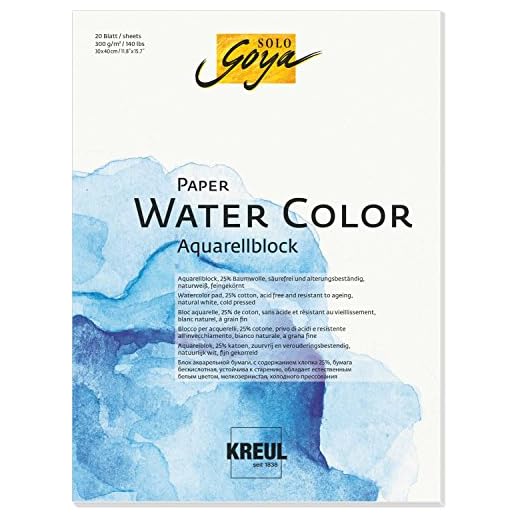 KREUL 68013-Solo Goya Papel, Bloc, Aprox. 30 x 40 cm, 300 g/m², 20 Hojas, sin ácido y Resistente al envejecimiento, Blanco Natural, para Acuarelas y témperas, Multicolor, One Size (68013)