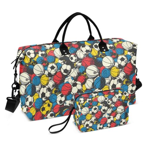 Multicolor Sport Ball Basketball Travel Duffle Bag Gym Bag Weekender Bags with Toiletry Bag Travel Trip Tote Bag