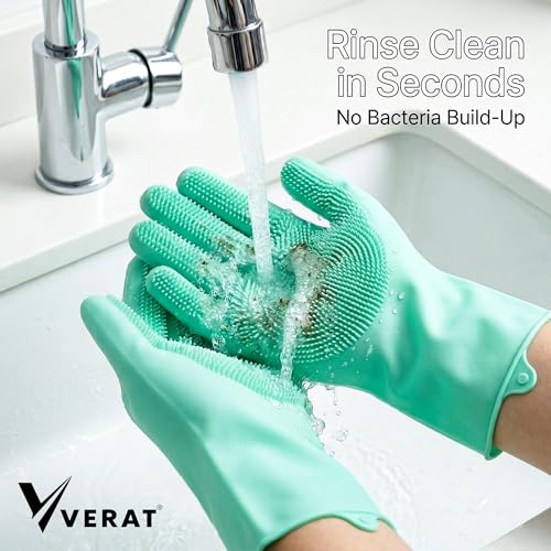 Image of Kitchen Dishwashing Gloves for Washing Dishes - Reusable Rubber /Silicone Cleaning Gloves for Kitchen, Bathroom & Car Cleaning - Waterproof Household Hand Gloves for Women, Home Essentials (Green)