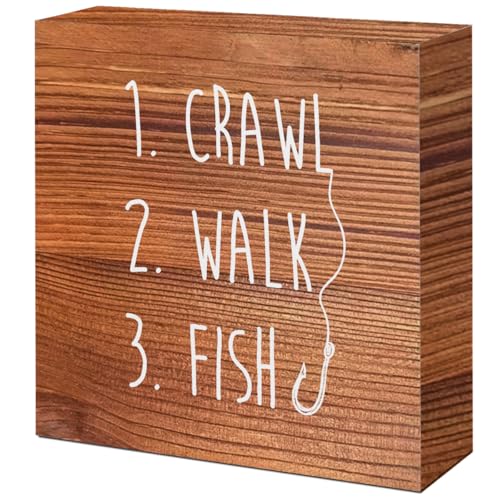 Image of Brown Country Crawl Walk Fish Rustic Wooden Sign Desk Decor,Funny Baby Fishing Wood Block Sign Desk Decorations for Home Bedroom Baby Room Shelf Table Decor