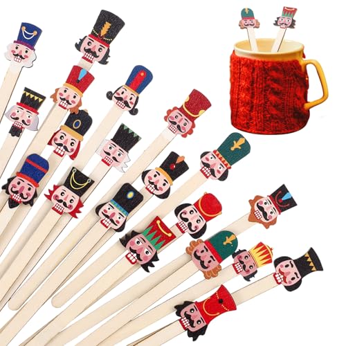 Mifoci 100 Pcs Christmas Wooded Coffee Stirrers Cocktail Coffee Stir Sticks Disposable Stirring Sticks for Beverage Chocolate Hot Drink Christmas Party Supplies, 20 Styles (Nutcrackers Style)