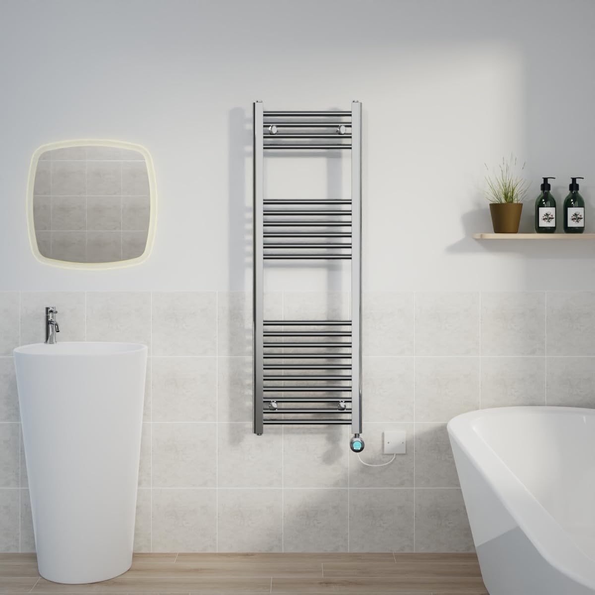 Warmehaus Chrome Prefilled Electric Thermostatic Heated Towel Rail Bathroom Ladder Radiator Straight With 600W Lcd Display Timer Electric Heating Element 1200X400mm