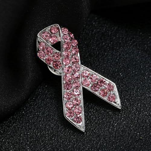 Image of Breast Cancer Awareness Pink Ribbon Rhinestone Brooch Pins, Faith Hope Love Fight Pray Lapel Pins, Pink Crystal Support Jewelry for Women