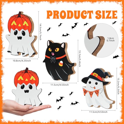 Cute Ghost Halloween Decorations Indoor, Witch Pumpkin Black Cat Candy Corn Wooden Tiered Tray Signs Decor for Table Office Desk Fireplace Mantle (Set of 3)