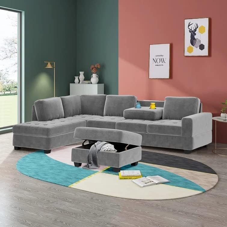 Allison 6 Seater L Shape Sofas with Cup Holder Grey LHS | 6 Seater Sofa with Ottoman Storage | 6 Seater L Shape Sofa Set for Living Room Festival Gifts Allison 6 Seater L Shape Sofas with Cup Holder Grey LHS | 6 Seater Sofa with Ottoman Storage | 6 Seater L Shape Sofa Set for Living Room Festival Gifts