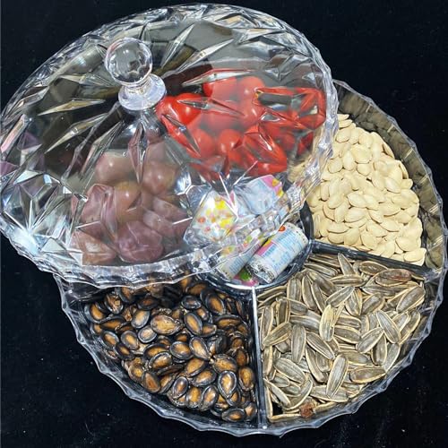 6 Sections Clear Veggie Tray Fruit Platter with Lid 12 Inch Round Plastic Serving Tray for Veggies Snack Candy Cookies