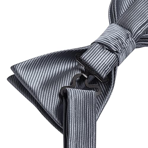 Image of Hi-Tie Dark Gray Mens Pre-Tied Bow Tie and Pocket Square Lapel Pins Cufflinks Mens Bowtie Sets for Wedding Formal Party