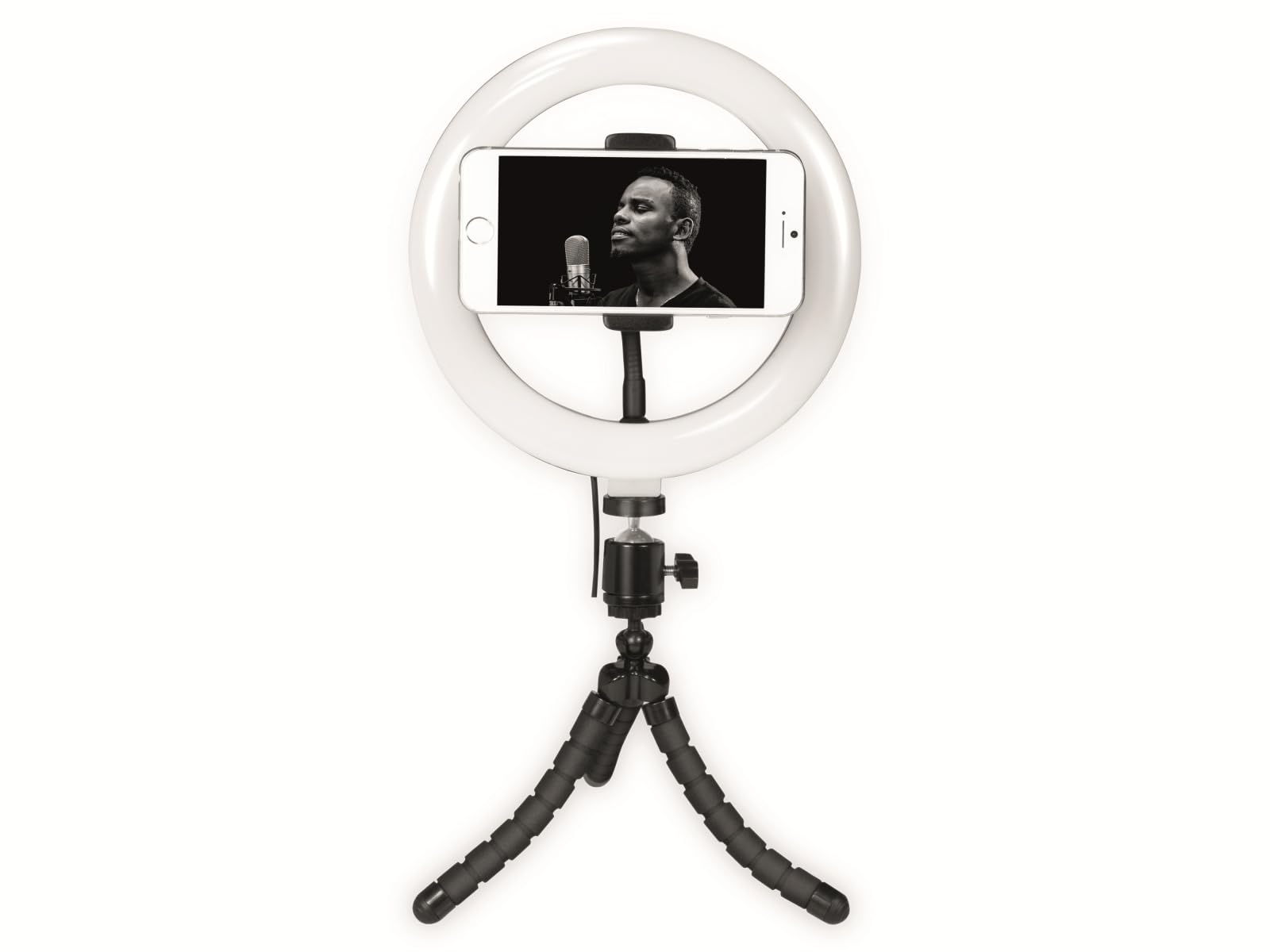 LogiLink AA0151 - lampa pierścieniowa LED (Ø 20 cm) z uchwytem na smartfon, 3 tryby kolorów (naturalny, ciepły, zimny) i 72 diody LED do profesjonalnych filmów i zdjęć, czarna, 72 diody LED (Ø 20)