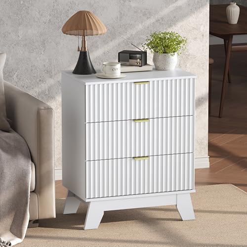 Image of Wodeer White Night Stand with 3 Drawers, Bedside Table & End Table, 24 inch Wide Mid Century Modern Fluted Wood Nightstand with Metal Handles, Farmhouse Night Stands for Bedroom