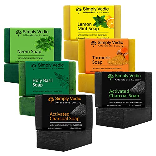 Simply Vedic 6-Pack Soap Bar Collection For Body, Hand, Face; Neem, Holy Basil, Lemon Mint, Turmeric, Charcoal Assorted(2Pc) | Cold Pressed Handmade For Men & Women (3.5 Oz. X 6) #TOP14
