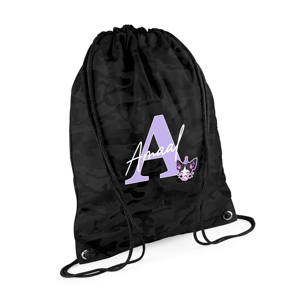 Personalised Initial & Name – Cute Cartoon Character Design – Custom Gift for Kids, Teens & Friends, PE Gym Kit Swimming, Sport Rucksack. (Midnight Camo)