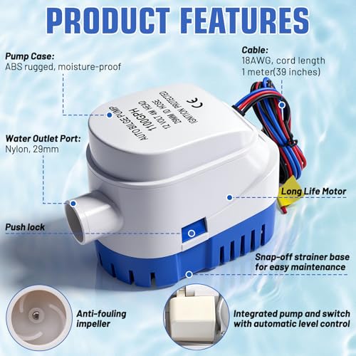 Geloo Automatic Submersible Boat Bilge Pump 12V 1100GPH Boat Bilge Water Pump with Float Switch (Outlet Diameter：29 mm/1.14 Inch) by Geloo - Image 2