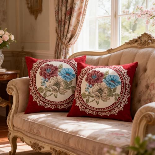 Qupace Set of 2 Spring Vintage Red Throw Pillows Covers 18x18in,Red Embroidered Pillow Covers for Living Room Floral Cushion Cover for Sofa Couch