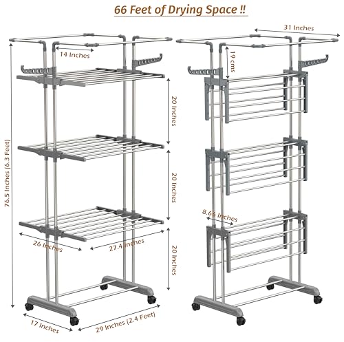 Image of Synergy - Premium Heavy Duty Stainless Steel Clothes Drying Stand | Cloth Dryer Stand | Cloth Stand for Drying Clothes Foldable | Cloth Hanging Stand | Cloth Drying Stand (4-Tier) Grey - SY-CS20-L4