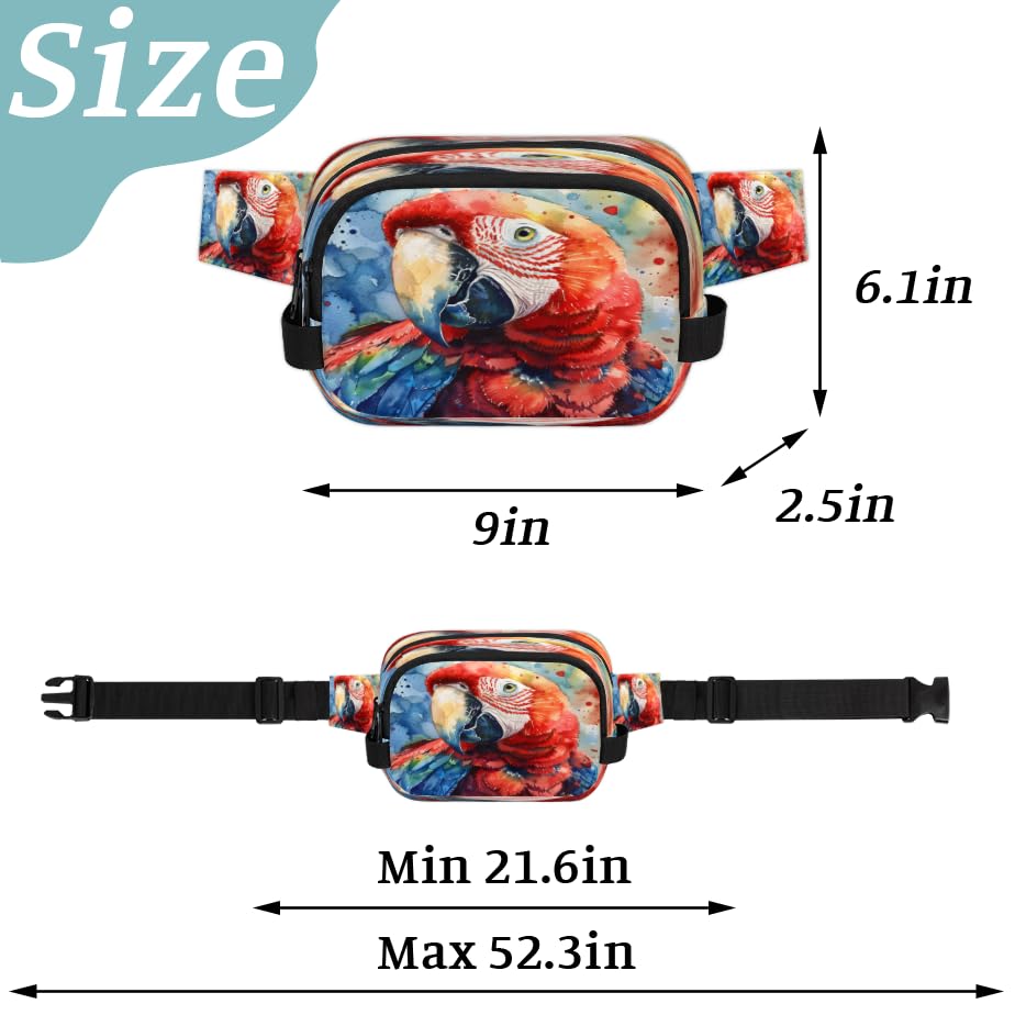 Watercolour Parrot Waterproof Fanny Pack for Women Men Adjustable Waist Bag with Double Zipper Pockets Lightweight Square Hip Pack for Running Travel Hiking Workout Cycling