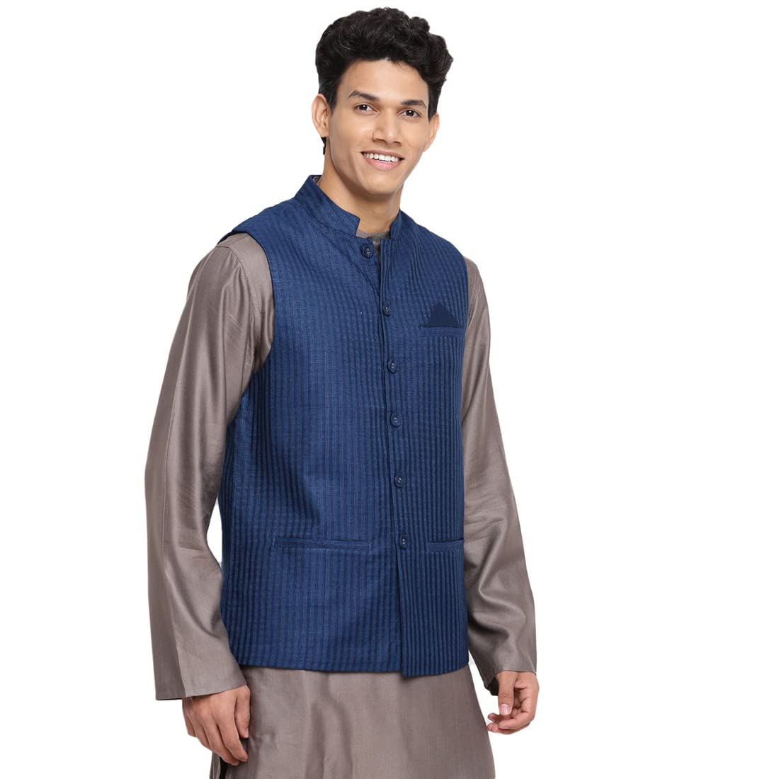 Fabindia Men Viscose Blend Dobby Printed Nehru Jacket Blue_S