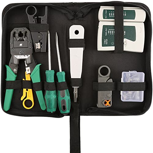 Hiija Network Tool Kit Professional Network Maintenance LAN Cable Tester, RJ45 Crimper 9 in 1 Repair Tools RJ45 Crimp Tool, 8P8C RJ45 Connectors, Cable Tester, Screwdriver, Stripping Pliers