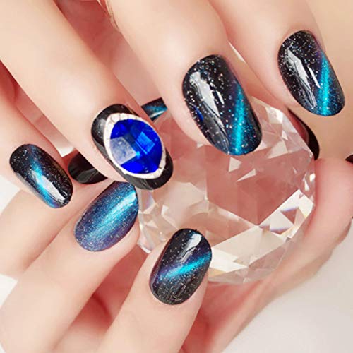 Sethexy 24Pcs Glossy Oval Black False Nails Blue Cat Eye Sapphire Shine Full Cover Art Design UV Fake Nails Tips for Women and Girls