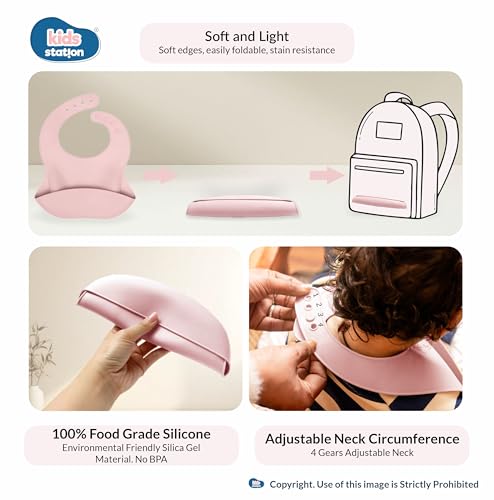 Image of Kids Station Whale Design 8-Piece Silicone Feeding Set for Babies | BPA-Free, Suction Bowl, Plate, Spoon, Fork, Bib, Cup & Straw - Dishwasher Safe | Ideal for Infants & Toddlers (Pack of 8, Pink)