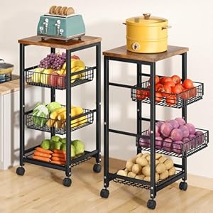 SNTD Fruit Basket Vegetable Stand for Kitchen Pantry, Pull Out Metal Wire Basket with Wood Top for Fruit Vegetable Onions Potatoes Snacks