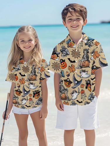 Image of THE PIRATE KING Funny Pirate Hawaiian Shirt Boys Girls Beach Tropical Casual Short Sleeve Button Down Shirt for 5-14 Years