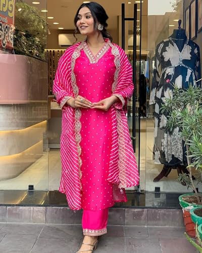 Image of Women's Chanderi Solid 3 /4 Sleeve V-Neck Embroidered Kurta, Pant and Dupatta-Pink-JT-031
