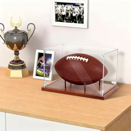 Image of Clear Acrylic Football Display Case with Wood Base & Tee, Memorabilia Stand Cube Holder, Dust Protection Transparent Storage Box for Single Ball Souvenir Football Collections
