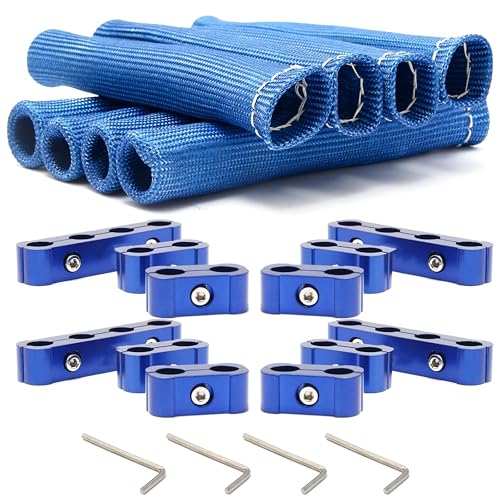 12PCS Spark Plug Wire Separator Kit 8PCS Heat Shield Sleeve Spark Plug Wire Holder for 8mm 9mm 10mm Aluminum Wire Loom for SBC Chevy 350 V8 Heat Resistant Boot Protector Blue Performance Style