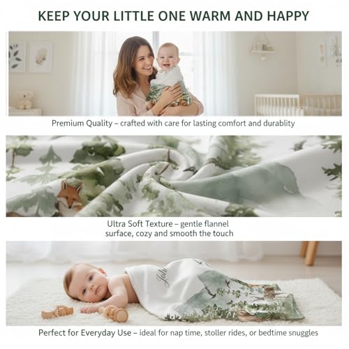 Image of Personalized Woodland Baby Blanket with Name, Custom Name Blanket for Boy, Printed in USA, Super Soft Blankets for Newborn, Customized Gifts for Baby Shower Birthday Christmas