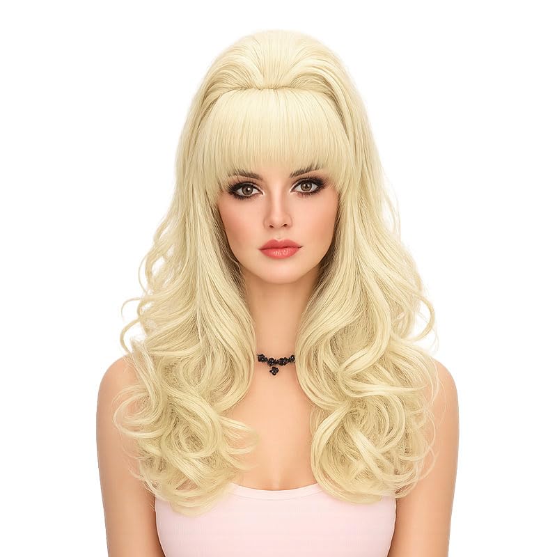 Wiggy Mermaid Blonde Beehive Wig 70s 80s Long Curly Big Hair Women Vintage Bouffant Updo Fembot Wig for Halloween Party Country Singer Costume + Cap