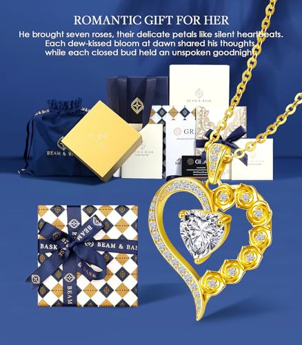 Beam & Bask 2-3 Carat Moissanite Rose Flower Heart Necklace for Her, Sterling Silver Plated with 18K Gold, Birthday, Wedding, Anniversary Pendant Jewelry for Girlfriend, Wife, Bride, Soulmate - Image 4