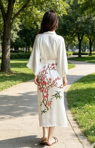Image of Women's Classic 100% Silk Kimono Robe, Bathrobe-Printed Pattern