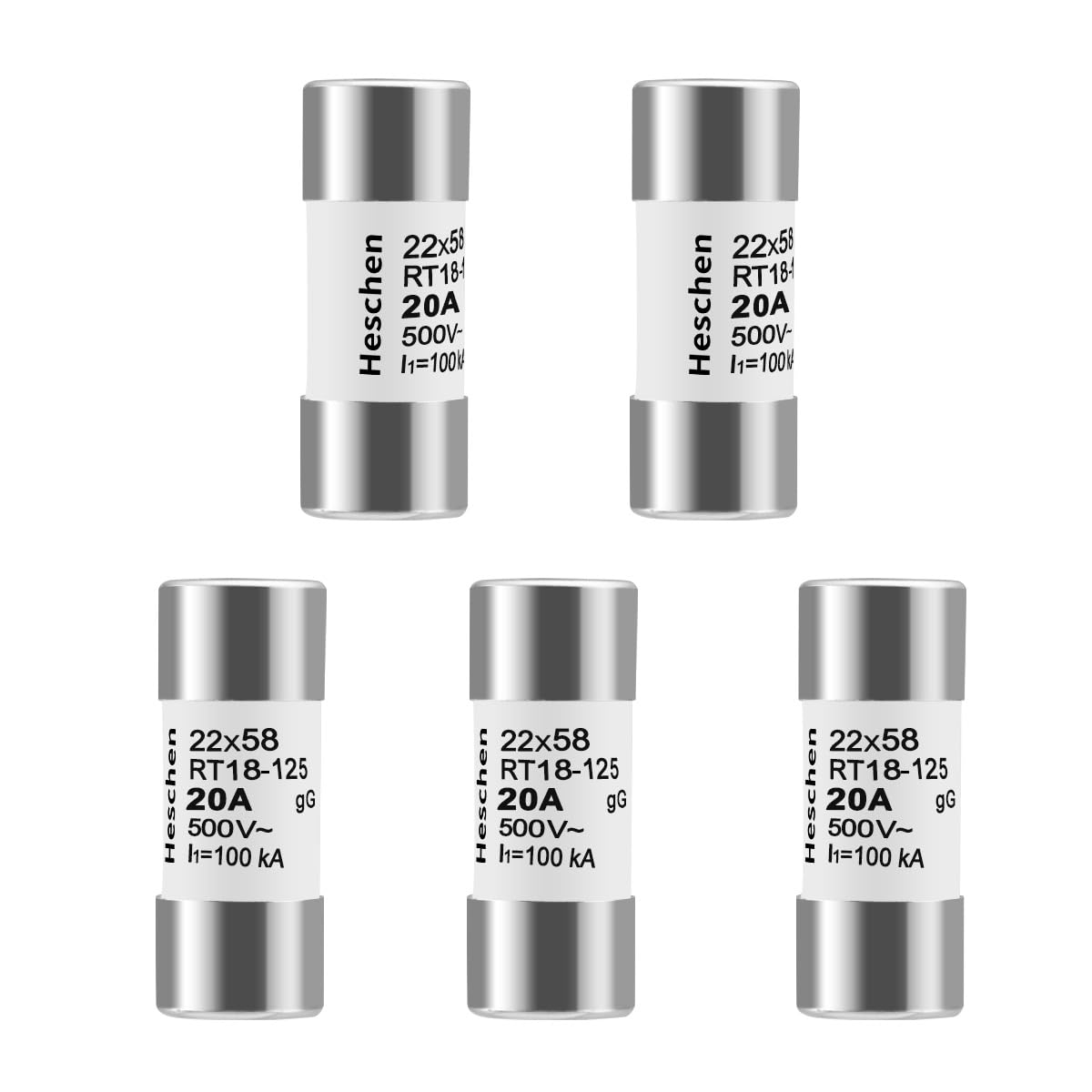 Heschen Cylindrical Ceramic Tube Fuse Link, RT18-125(RO17), 22 * 58mm, 500VAC, gG Type, Pack of 5 (20A), White