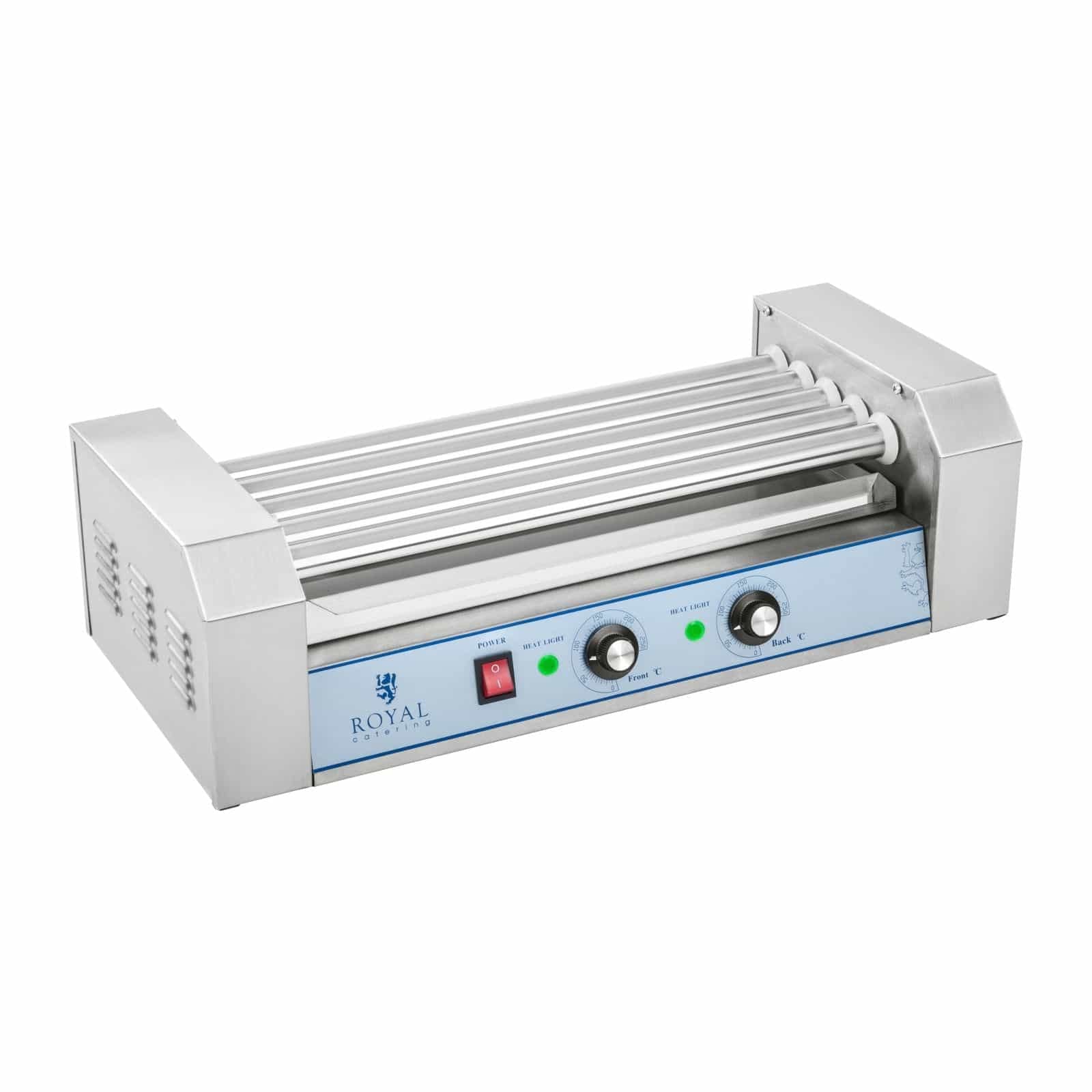 Royal Catering Hot Dog Grill Hot Dog Macchina Hot Dog Maker (5 rotoli, spazio per 8 salsicce, 1.000 W, 2 zone di riscaldamento, acciaio inossidabile) argento