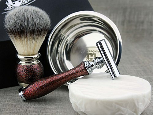 Set da barba da uomo con pennelli per rasatura in tasso sintetico, rasoio, ciotola in acciaio inox e sapone di alta qualità Set perfetto per la rasatura a umido