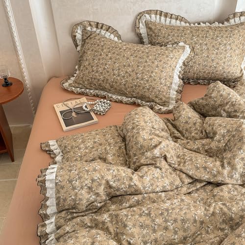 Image of VM VOUGEMARKET Cotton Muslin Duvet Cover Queen Vintage Tan Floral Bedding Set with Ruffles,Soft,Breathable Linen Like Gauze Comforter Cover with Zipper Closure 90 inchx90 inch