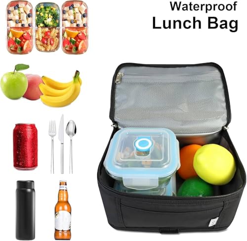 Image of Insulated Lunch Bag for Office, Black Reusable Food Container with Zipper Closure and Carrying Handle (Black)