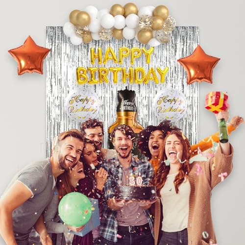 Image of 1iAM Aged Happy Birthday Decoration Combo Pack of 53 - 51pcs Balloons & 2pcs Foil Curtains for Aged Birthday Party | Retirement Party Decoration | Aged to Perfection Balloon | Whiskey Bottle