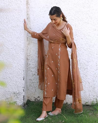 Image of GoSriKi Women's Cotton Embroidered Straight Kurta Set - Coffee Brown | Stylish Ethnic Wear for Women | Office & Festive Use